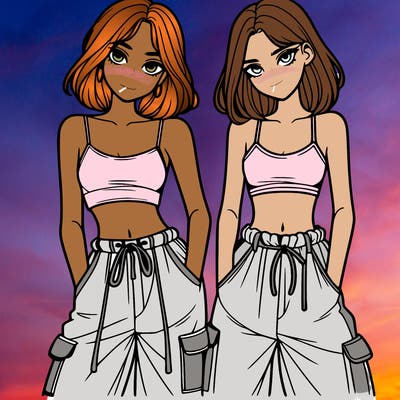 two girls with crop top with baggy pants