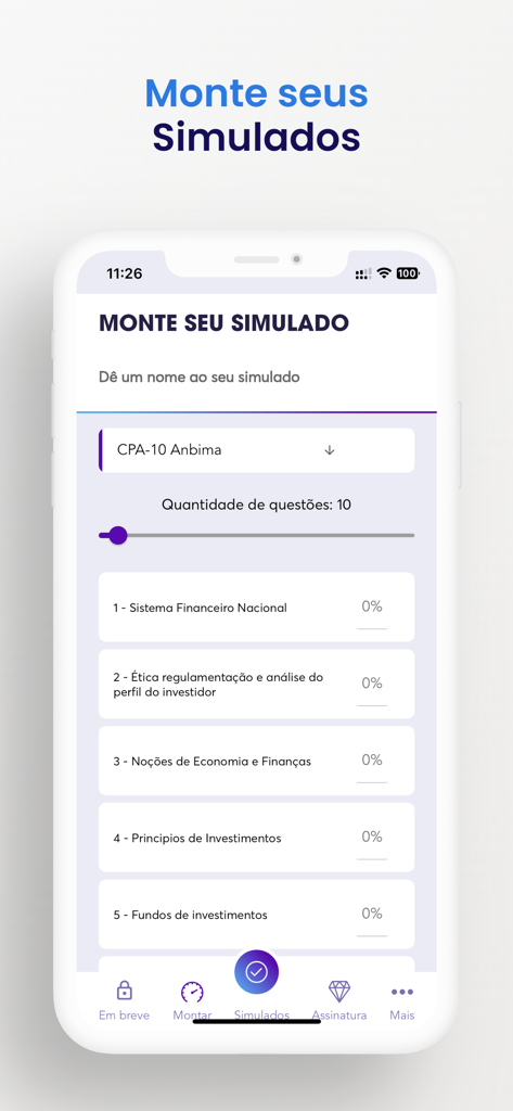 Simulados Topinvest - Interface para criação de um simulado de certificação financeira personalizado no aplicativo Simulados Topinvest