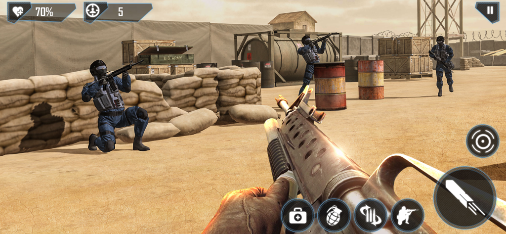 Modern Battlefield FPS Combat - First person view of an army commando aiming a rifle at enemies in a desert military camp