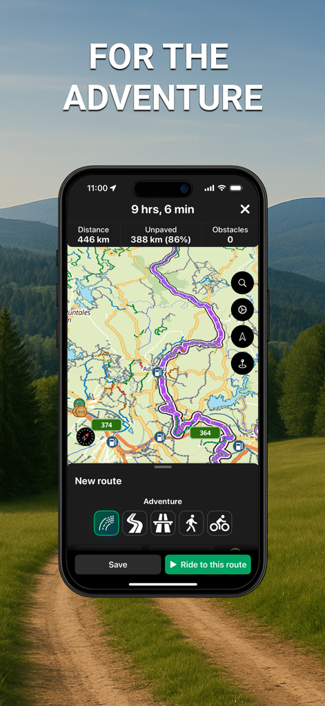 Stegra app interface showing a detailed motorcycle navigation route with eighty-six percent unpaved roads on a topographical map.
