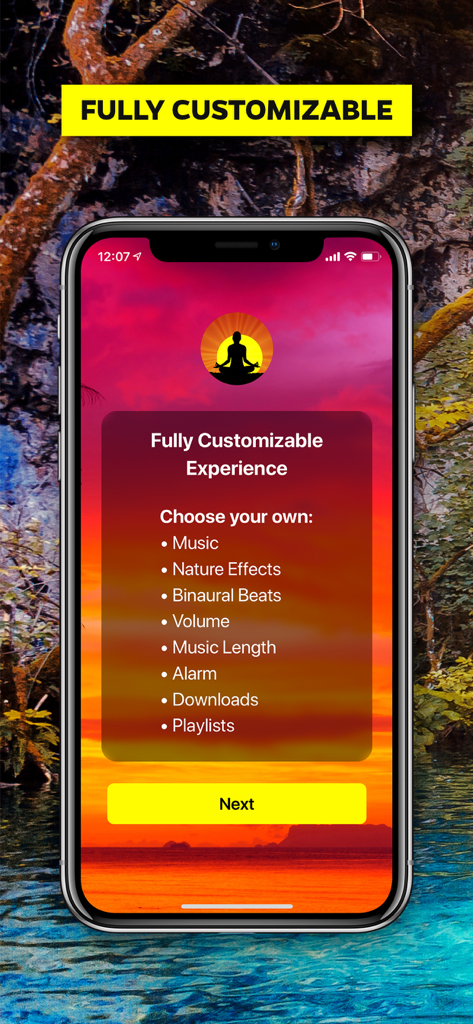 Yellow Brick Cinema - Yellow Brick Cinema app interface showing customization options for relaxation music nature sounds and binaural beats