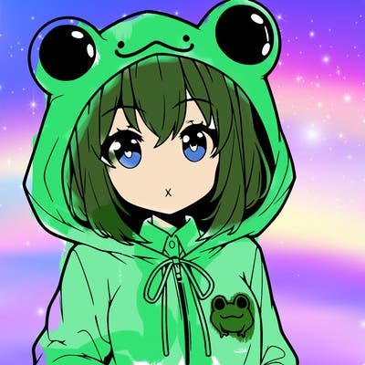 an anime girl wearing a frog hoodie