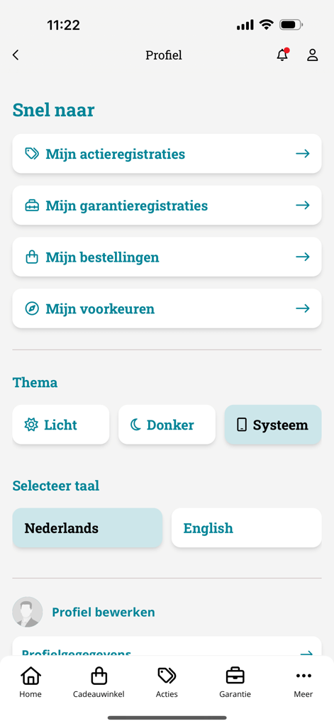 My Makita mobile app profile screen with account settings and warranty options