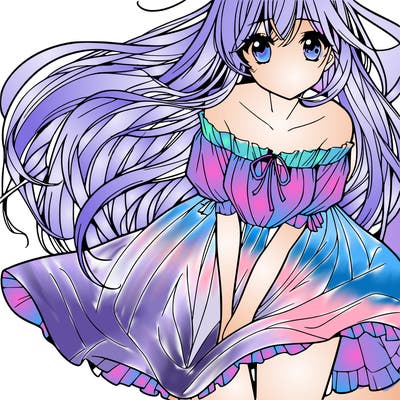 manga girl with long flowing hair and a dress that is pushed down