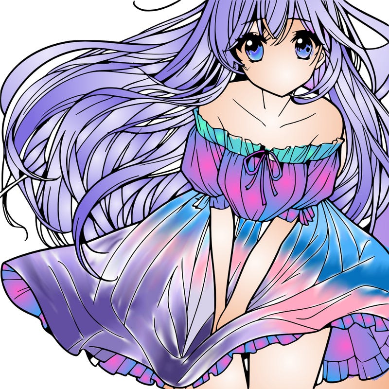 manga girl with long flowing hair and a dress that is pushed down