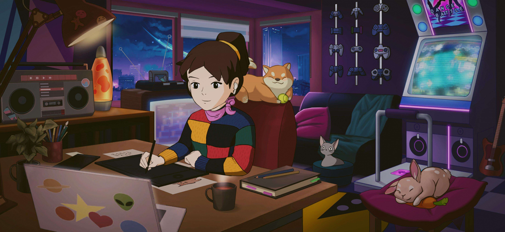 Comfy Girl - Cute & Aesthetic - A girl drawing at her desk in a cozy lofi room with pets and an arcade machine