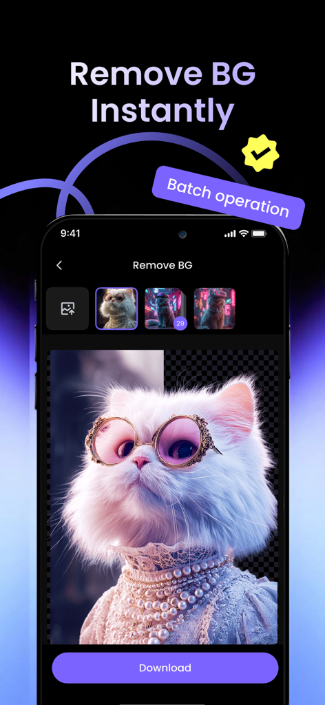 PicLumen - Image & Video AI - PicLumen app interface showing the instant background removal feature on a photo of a white cat wearing pink glasses and pearls
