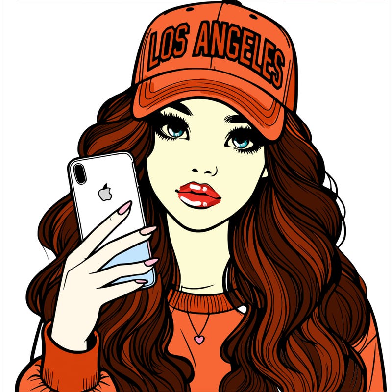 realistic beautiful girl wearing los ángeles cap holding an iphone