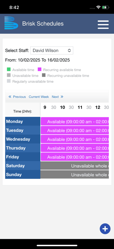 Brisk Schedules - Brisk Schedules app interface displaying a weekly calendar view of an employee's recurring availability and shifts.