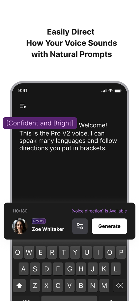 Genny TTS: AI Voice Generator - Interface of Genny TTS showing how to direct AI voice tone using natural prompts in brackets