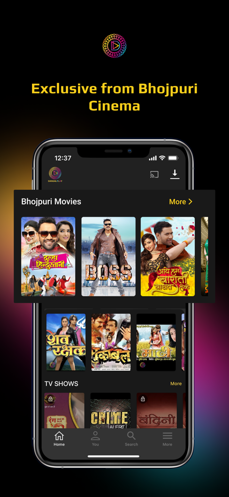 Dangal Play - Screenshot of the Dangal Play app showing exclusive Bhojpuri movies and TV shows.