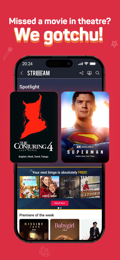 BookMyShow | Movies & Events - Mobile screen of the BookMyShow app showing movie titles available for streaming and rental like The Conjuring and Superman.