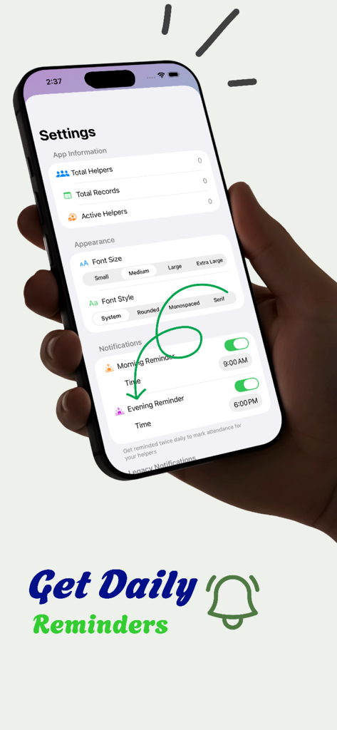 Settings screen of the Servana app showing daily morning and evening notification reminders for household management.