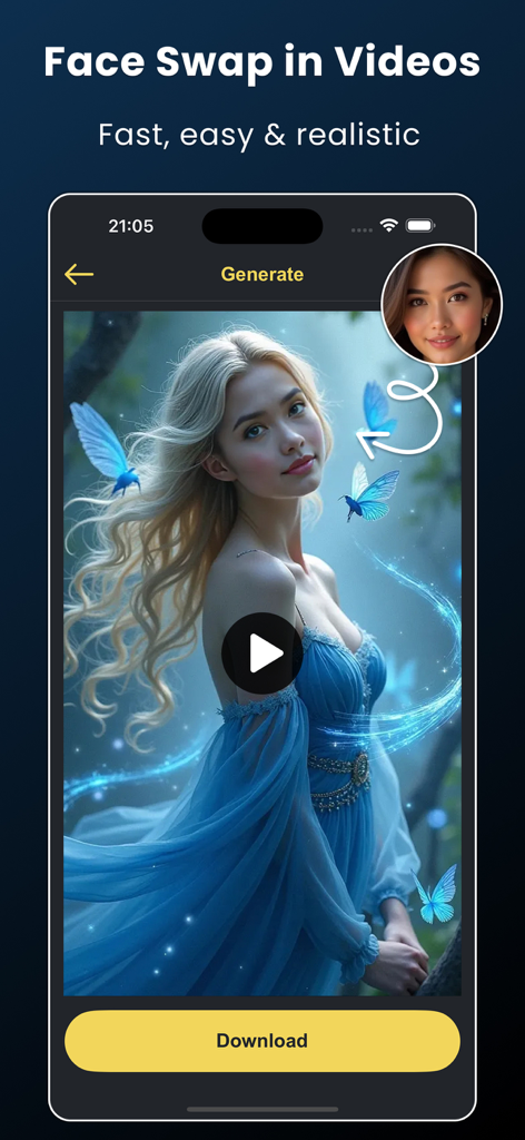 Face Over: AI Face Swap - Interface of Face Over app showing the AI face swap in videos feature with a fantasy fairy character