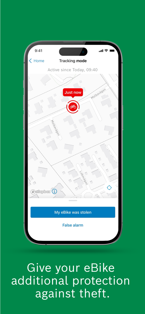 Smartphone-Bildschirm mit dem eBike Flow App Tracking-Modus, der eine Karte mit dem Standort des Fahrrads und eine Schaltfläche zur Diebstahlmeldung anzeigt