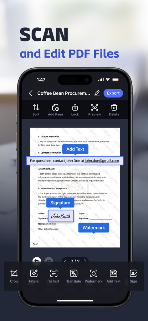 Power Scan-PDF Scanner - Interfaz de la aplicación Power Scan que muestra funciones de edición de documentos móviles, incluida la inserción de texto de firma digital y herramientas de marca de agua