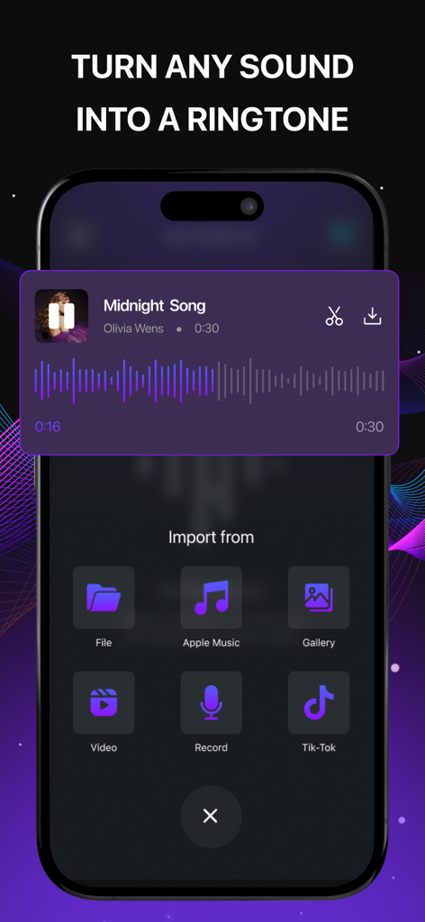 Ringtone Maker for iPhone‧ - Ringtone Maker app interface showing options to import audio from TikTok Apple Music and videos to create custom ringtones