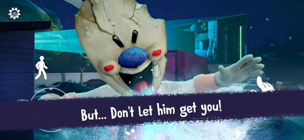 Rod el espeluznante heladero lanzándose hacia la pantalla en un entorno nocturno nevado.