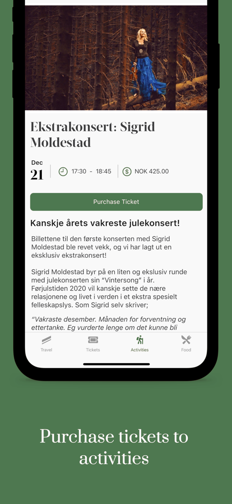Fløibanen - Ticket purchase screen for cultural activities and concerts at Mount Floyen in the Floibanen app