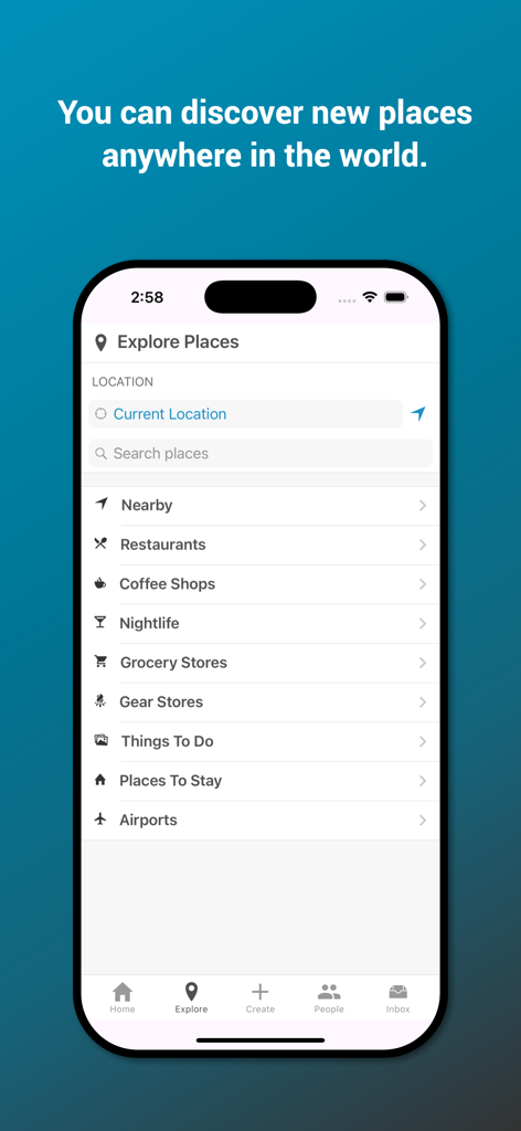 La pantalla Explorar lugares en la aplicación Tripline que muestra categorías de viaje como restaurantes y cosas que hacer