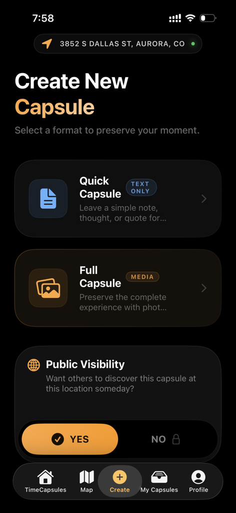 TimeCapsules - Interface do aplicativo TimeCapsules para criar uma nova cápsula com opções de Cápsula Rápida ou Cápsula Completa e configurações de visibilidade