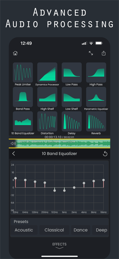 Superimpose V - Video Editor - Advanced audio processing interface in Superimpose V showing a 10 band equalizer and various audio effects like reverb and distortion