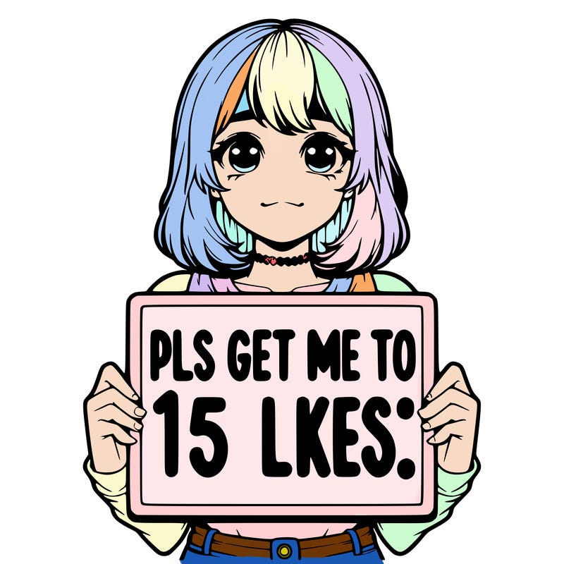 realistic girl holding up a sign that says “pls get me to 15 likes!”