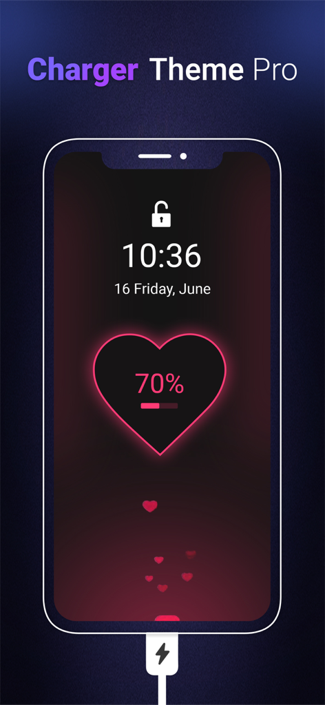 Battery Charging Animation -3D - An iPhone lock screen displaying a neon pink heart battery charging animation at 70 percent