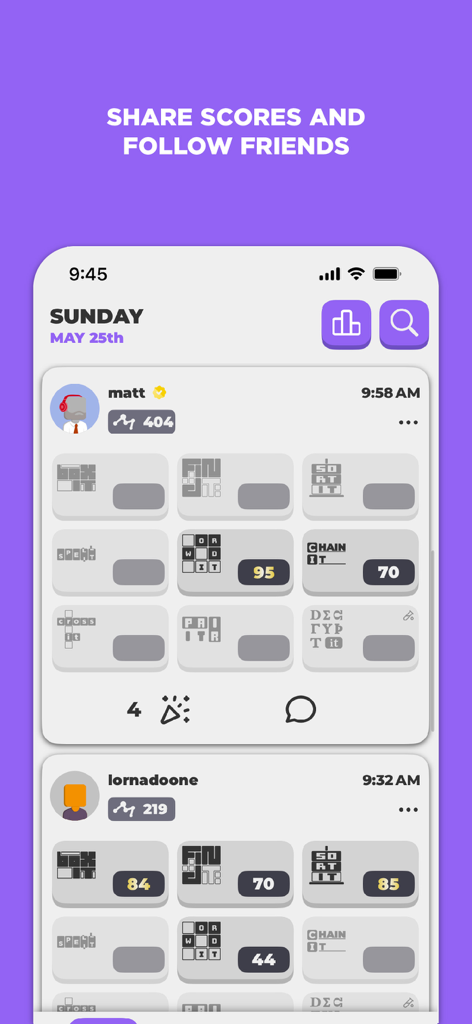 Puzzlit app interface showing a social feed of friends sharing their daily puzzle scores.