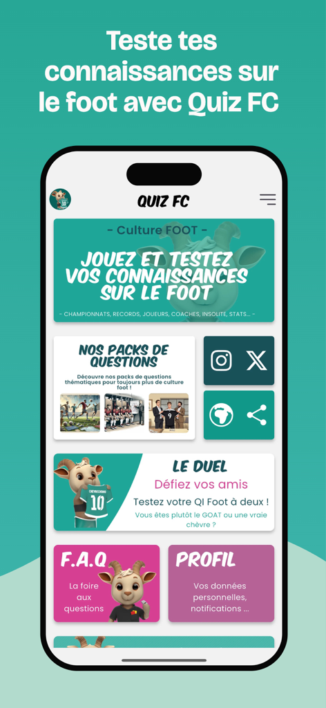 Quiz Football Club (Quiz FC) - Quiz Football Club mobile app main menu displaying soccer trivia categories and a duel mode