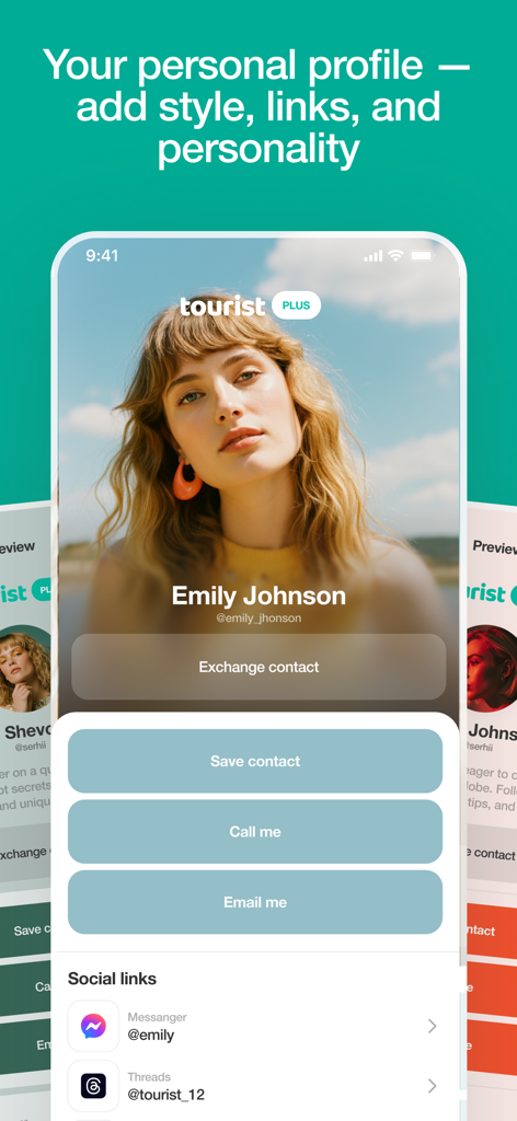 Tourist.com - Smartphone screen showing a user profile on the Tourist app with contact and social link options