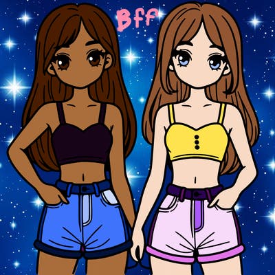 two sisters with crop tops and jean shorts and straight hair