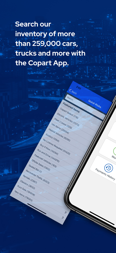 Copart - Online Auto Auctions - Mobile app interface showing categorized vehicle inventory including electric vehicles and exotics for auto auctions