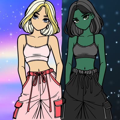 two girls with crop top with baggy pants