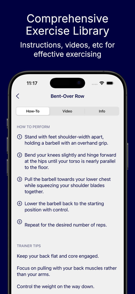 Exercisely: Simple Workout Log - Exercisely-App-Oberfläche, die eine Schritt-für-Schritt-Anleitung für die vorgebeugte Ruderübung zeigt