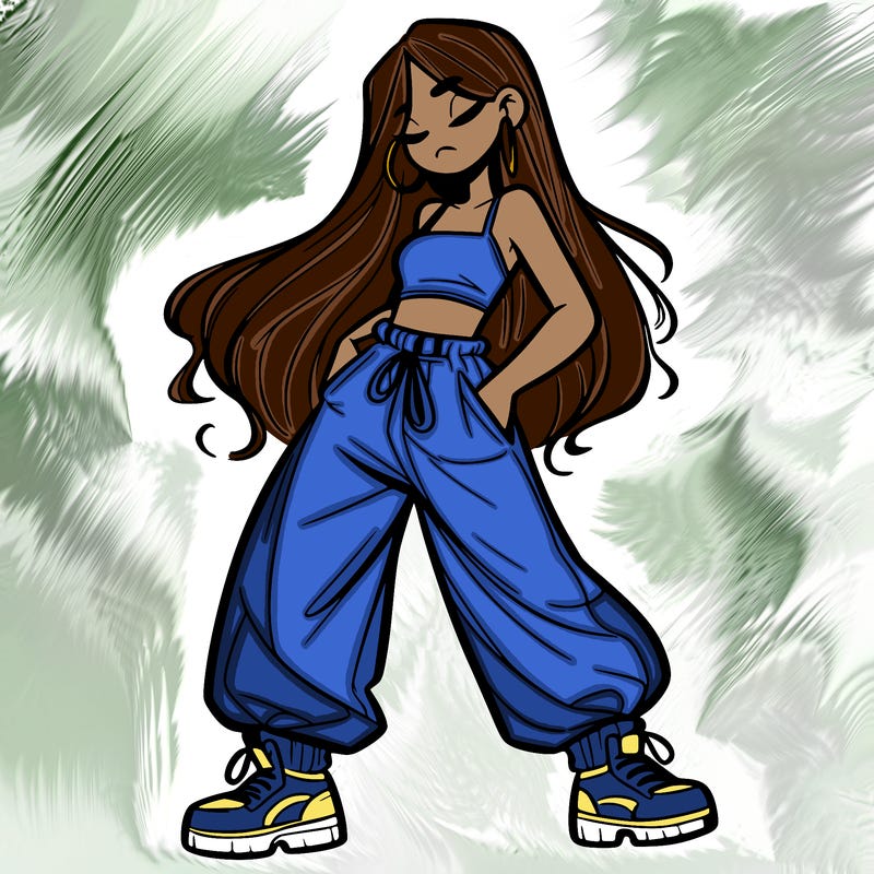 girl in baggy pants crop top and long hair