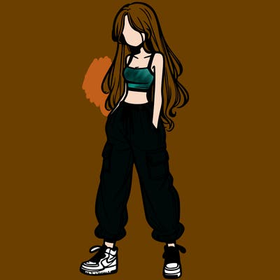 girl in baggy pants crop top and long hair