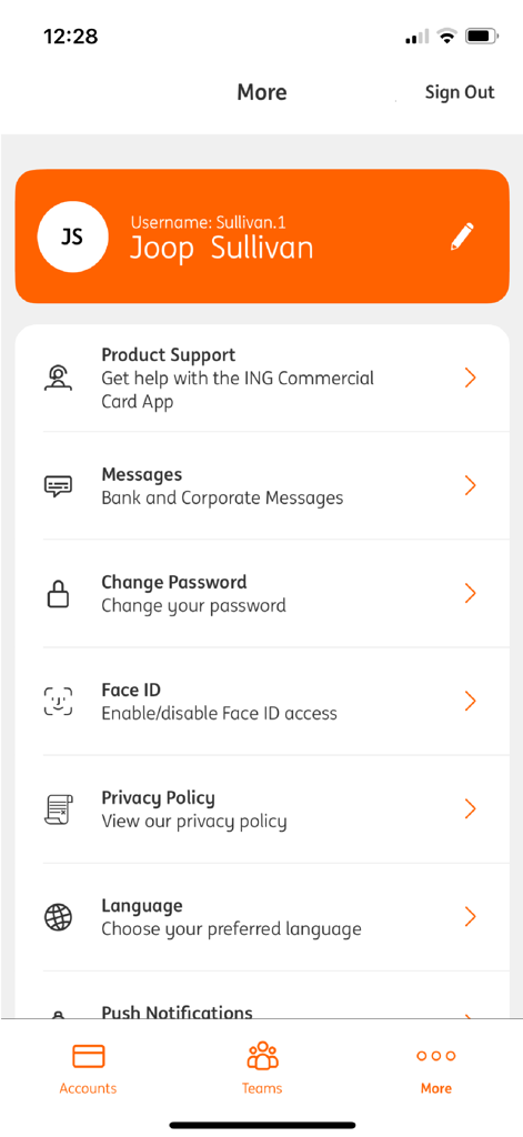 ING Commercial Card - User settings and profile screen of the ING Commercial Card app