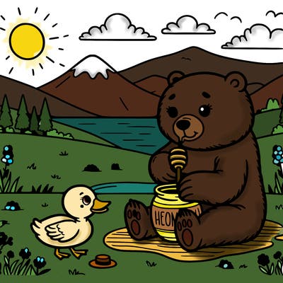 bear eating honey with duck friend watching sunset
