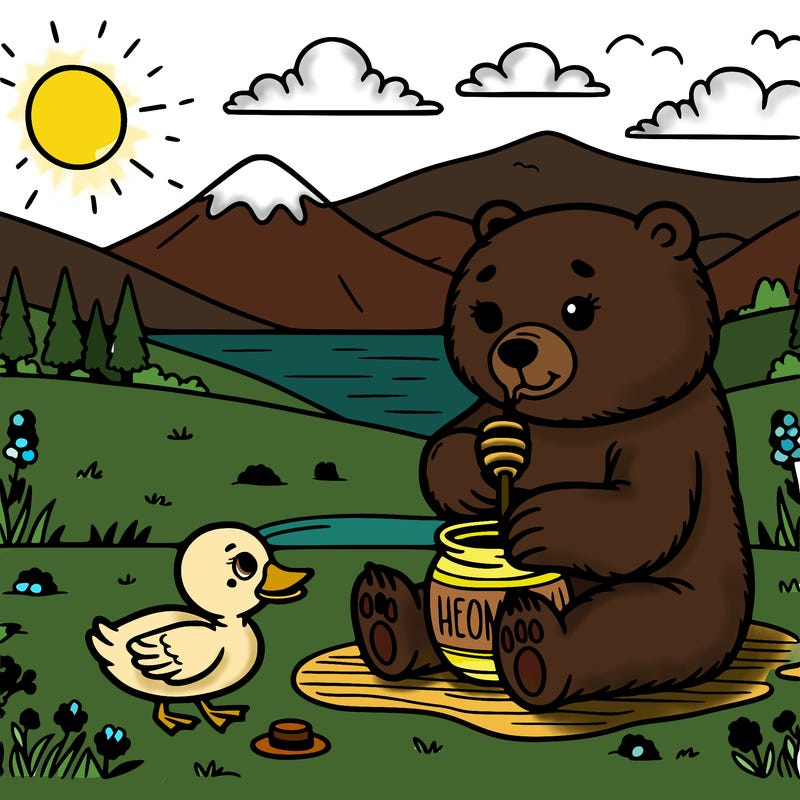 bear eating honey with duck friend watching sunset