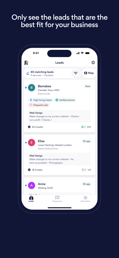 Bark for Professionals app showing a list of customer leads for web design services