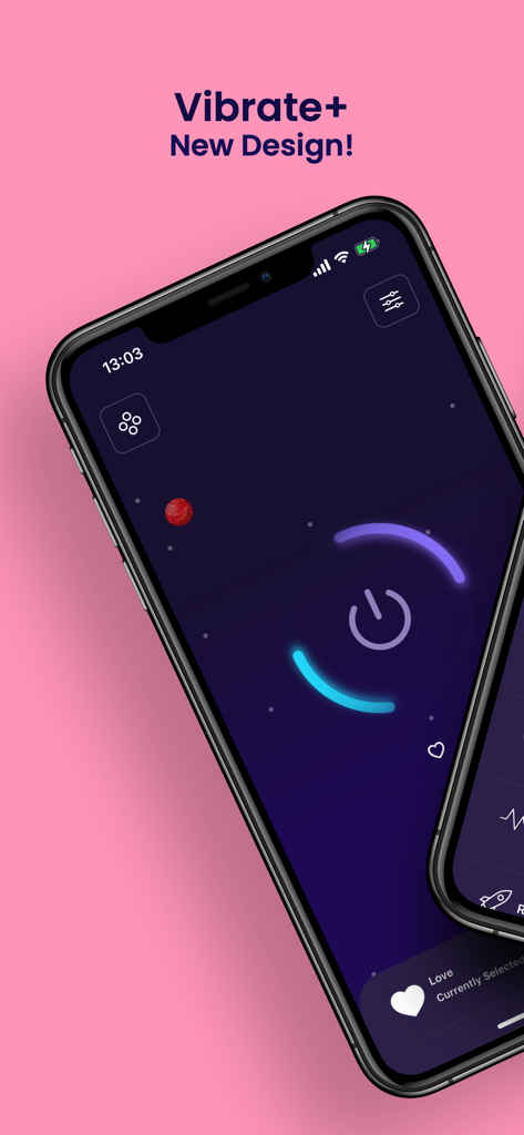 Vibrate+ - Vibrate Plus app screen showing a dark theme with a glowing power button for haptic massage