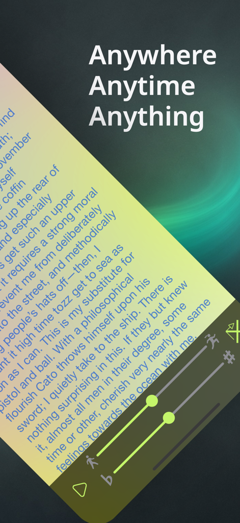 Aloud!, text to speech reader - Aloud! text to speech interface showing a document with synchronized word highlighting and adjustable voice speed and pitch controls.