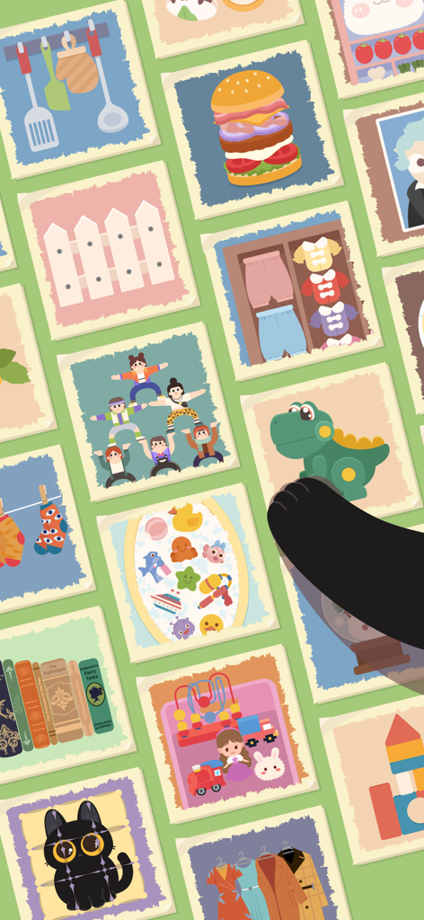 Tidying Master Satisfying ASMR - Una cuadrícula de coloridas ilustraciones estilo polaroid que muestran varios minijuegos de organización con la pata de un gato tocando una imagen de dinosaurio