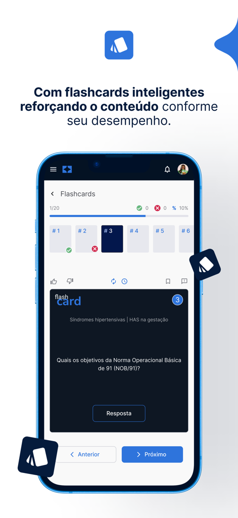Aristo Class mobile app interface featuring smart flashcards for medical residency preparation.