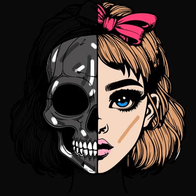 realistic girl with half skull mask