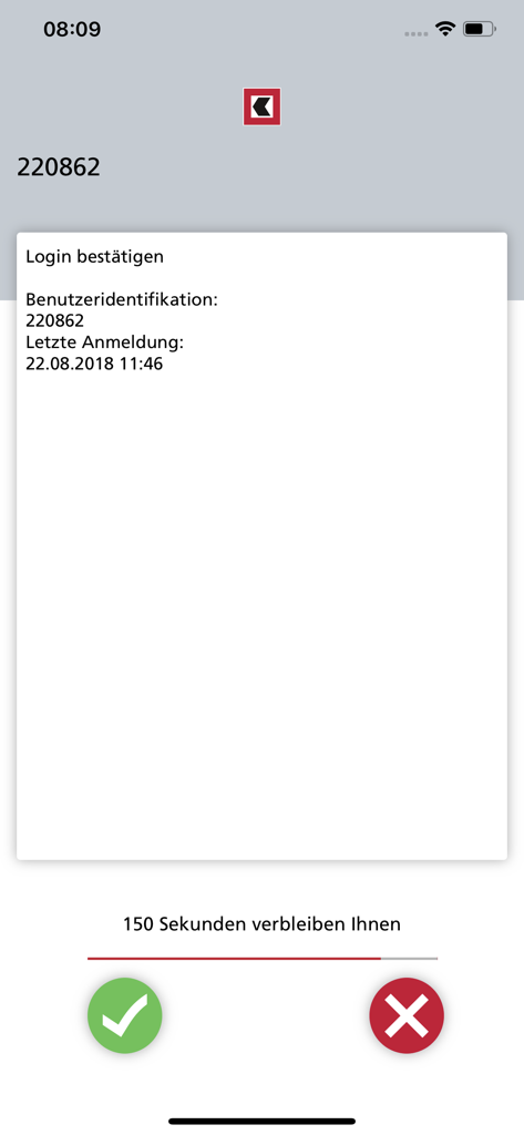 Interface of the BEKB smartLogin app showing a login confirmation request with a timer.