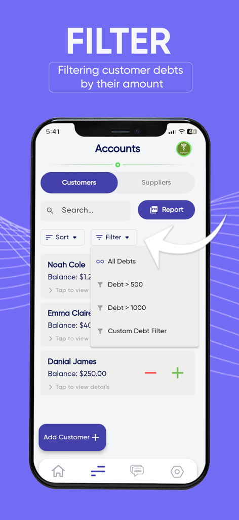 Screenshot of Debt System app interface showing a filter menu to organize customer accounts by debt amount