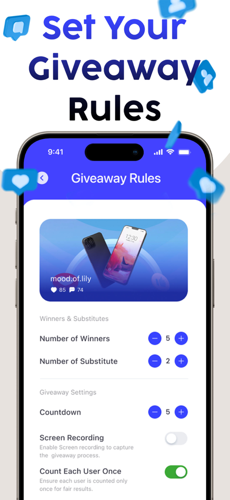 Giveaway for Instagram Luckify - Luckify app screen for setting Instagram giveaway rules and winner selection filters