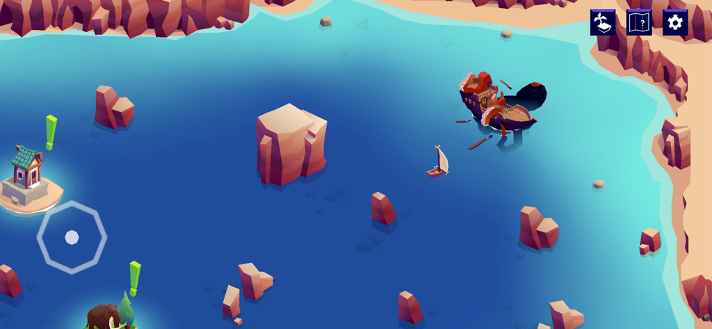 Vue aérienne colorée d'une carte du monde insulaire avec un bateau pirate et des éléments d'exploration dans Archipel Apps